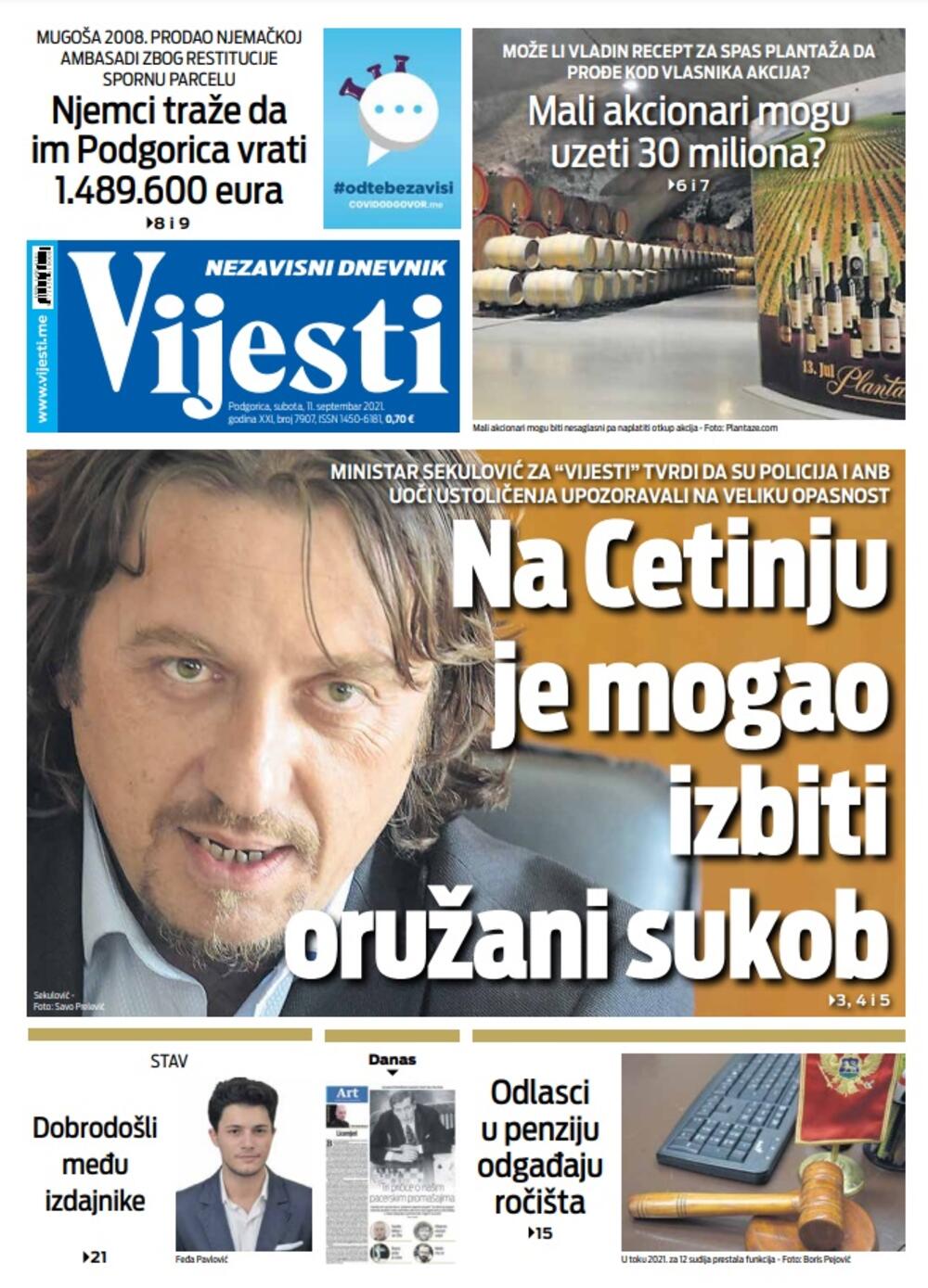 Naslovna strana "Vijesti" za 11. septembar 2021. godine, Foto: Vijesti