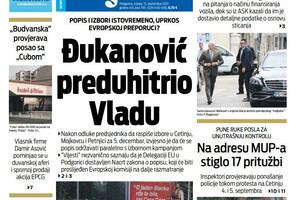 Naslovna strana "Vijesti" za srijedu 15. septembar 2021. godine
