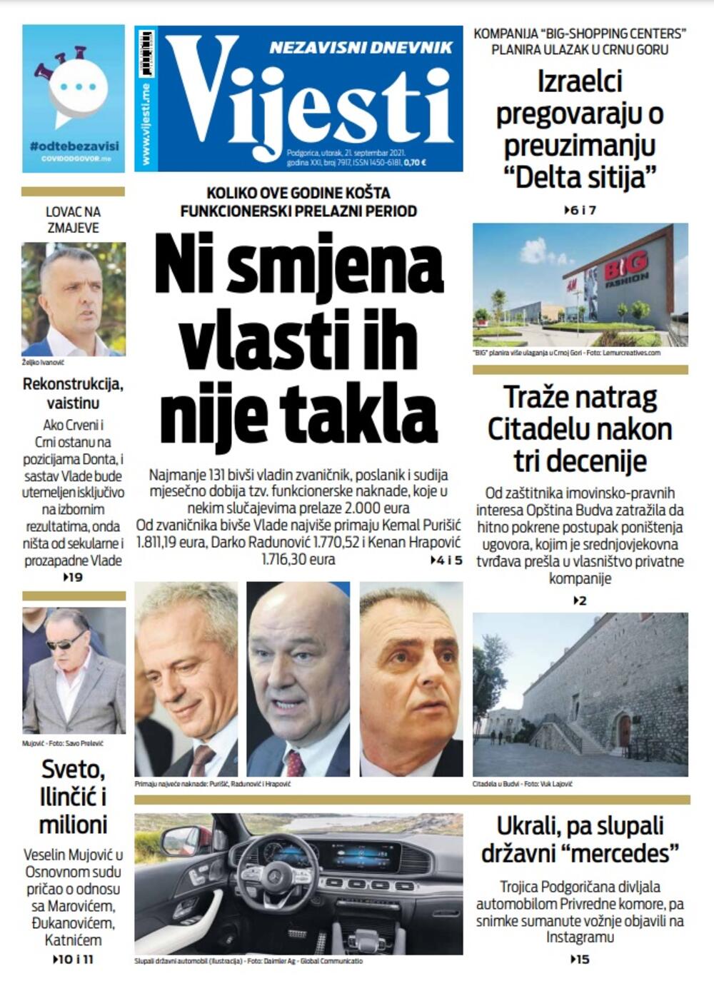 Naslovna strana "Vijesti" za 21. septembar 2021., Foto: Vijesti