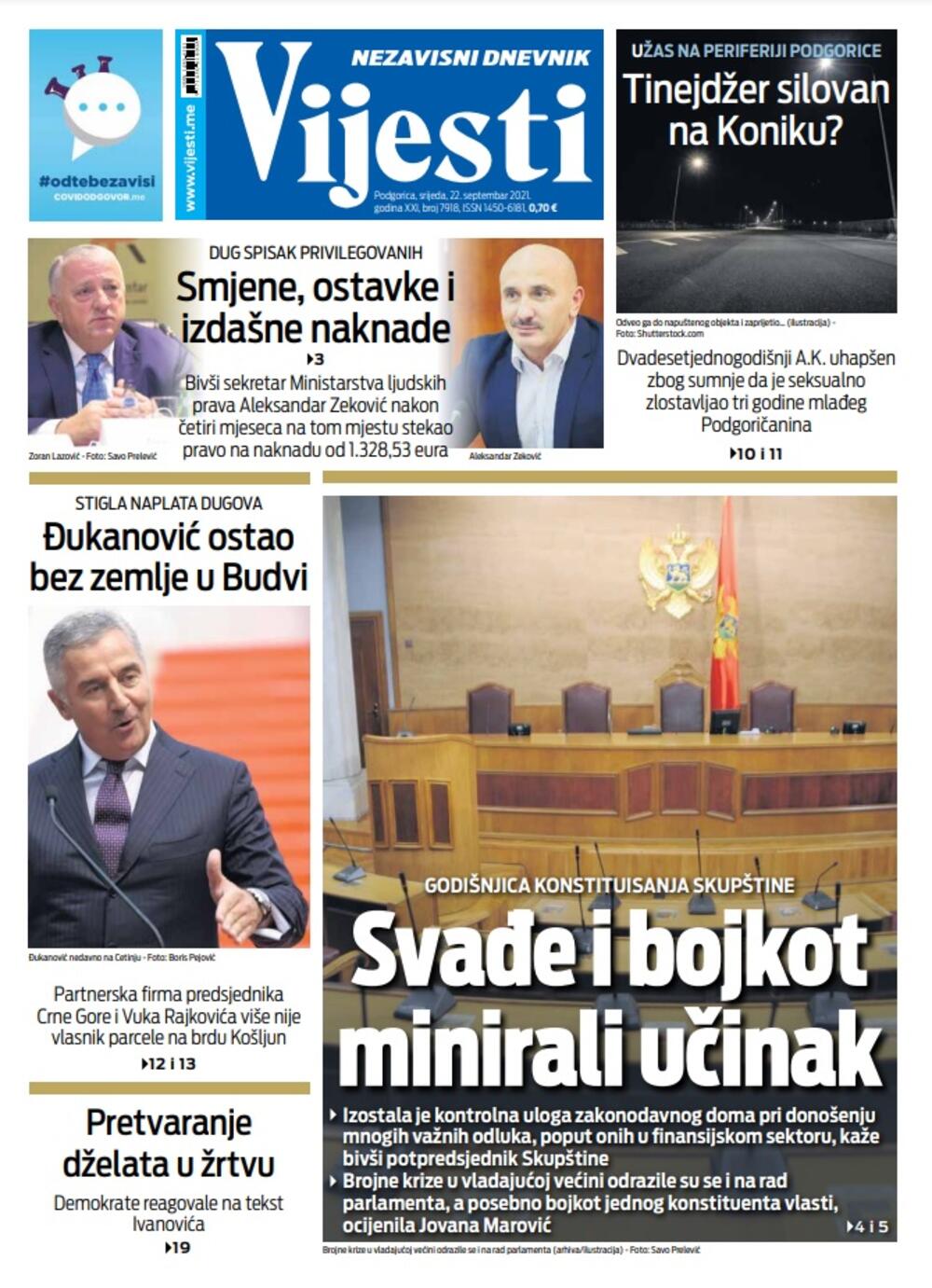 Naslovna strana "Vijesti" za 22. septembar 2021., Foto: Vijesti