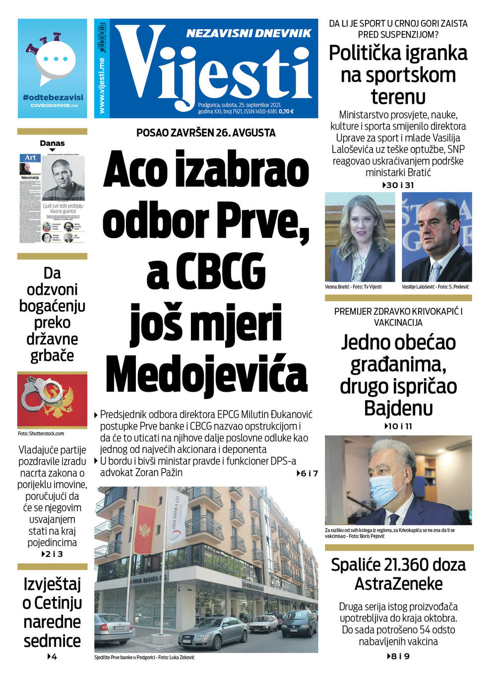 Naslovna strana "Vijesti" za 25. septembar 2021., Foto: Vijesti