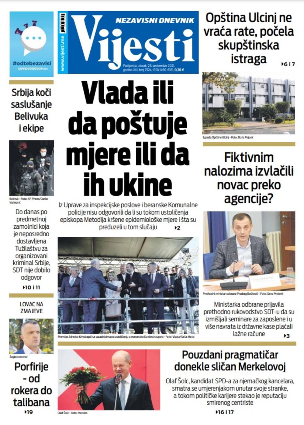Naslovna strana "Vijesti" za 28. septembar, Foto: Vijesti