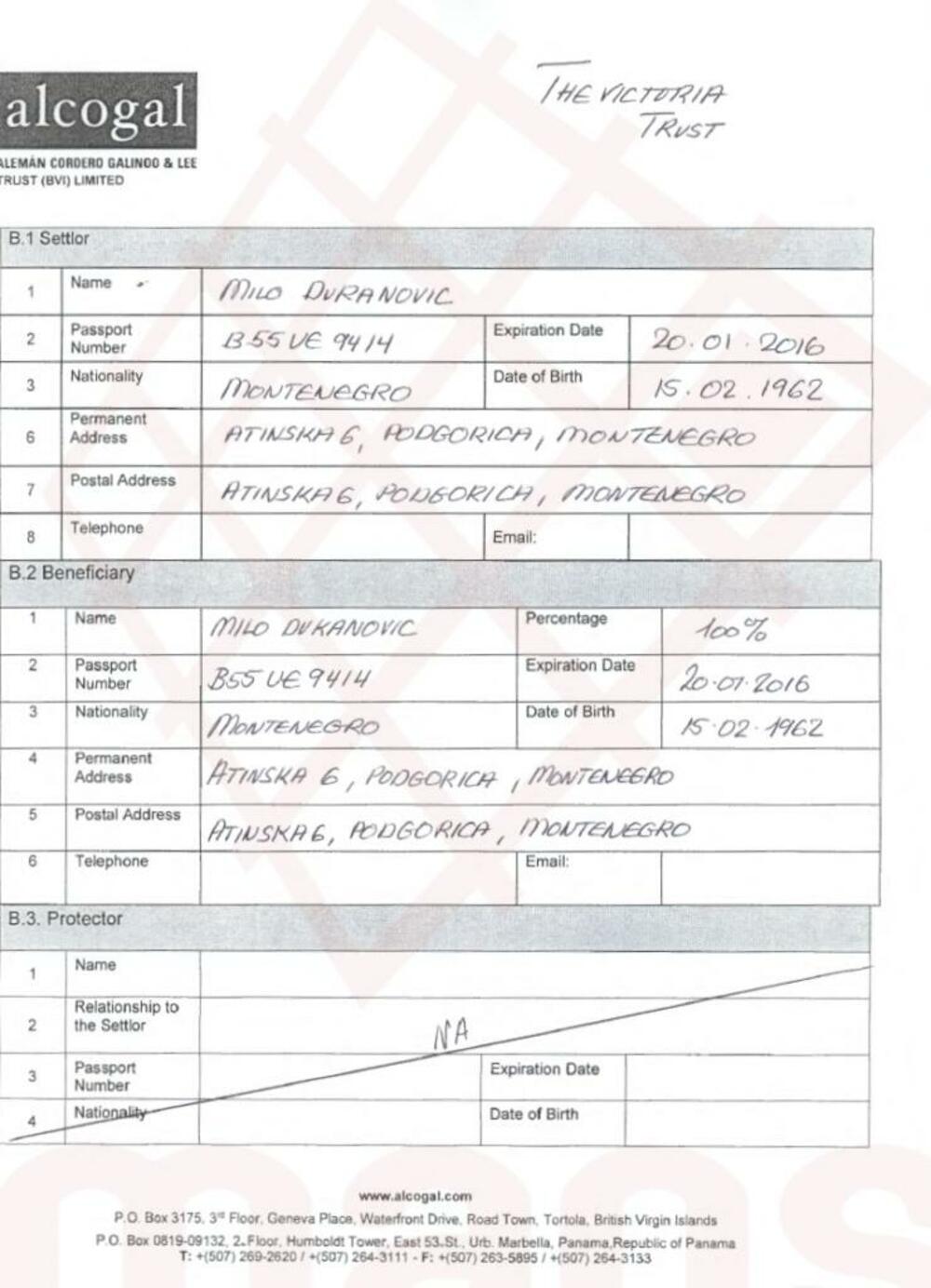 Izvod iz forme za due diligence kompanije koja upravlja trustovima Đukanovića