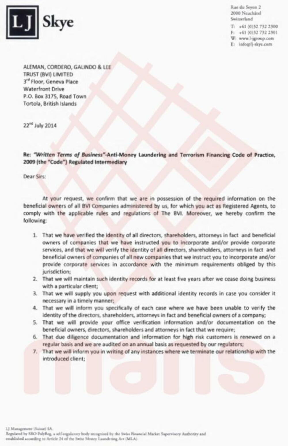 Izvod iz pisma LJ Management (Suisse) SA upućenog ALGOCAR-u, u kome navodi da posjeduje podatke o stvarnim vlasnicima