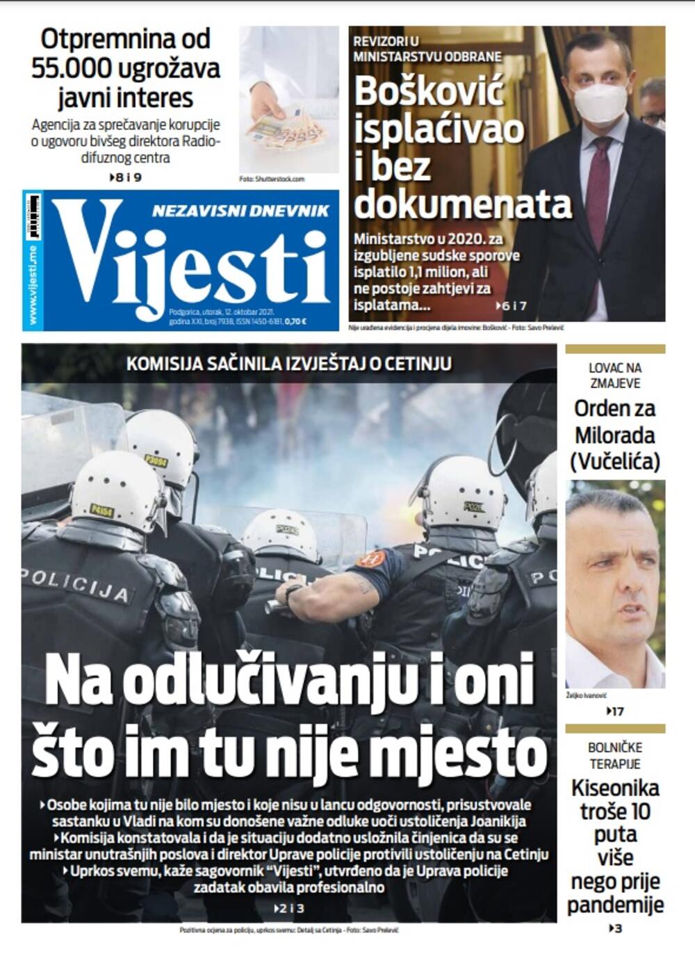 Naslovna strana "Vijesti" za 12. oktobar 2021., Foto: Vijesti