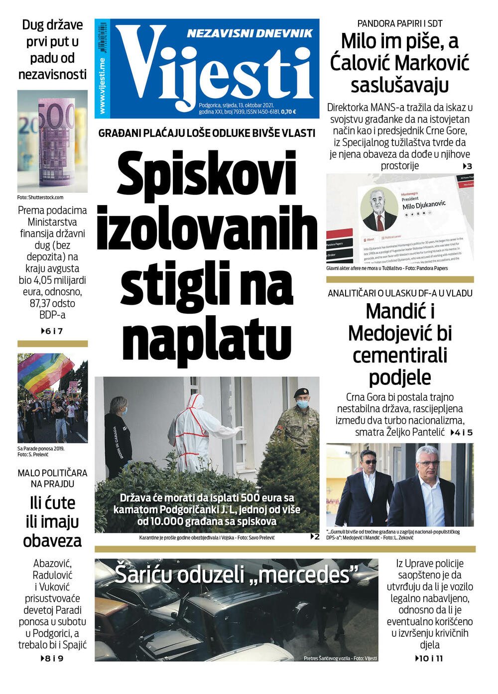 Naslovna strana "Vijesti" za 13.10.2021., Foto: Vijesti