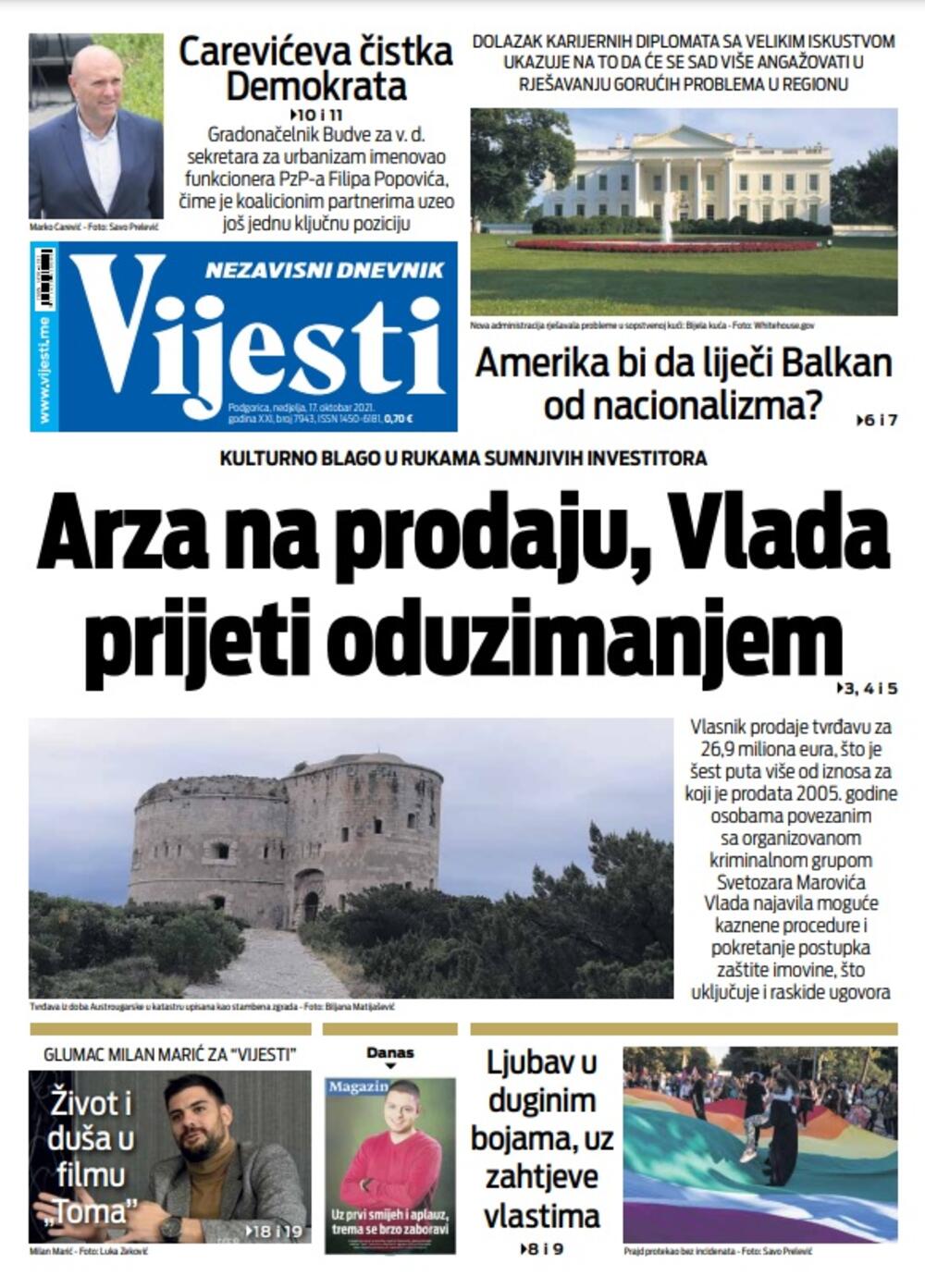 Naslovna strana "Vijesti" za 17. oktobar 2021., Foto: Vijesti