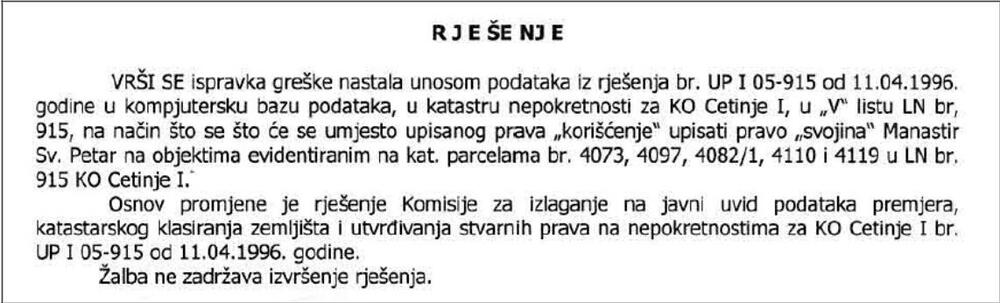 cetinjski manastir rješenje