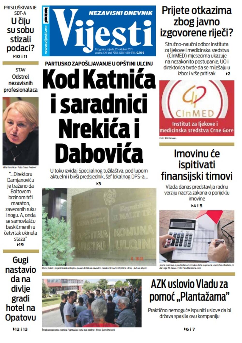 Naslovna strana "Vijesti" za srijedu 27. oktobar 2021. godine, Foto: Vijesti