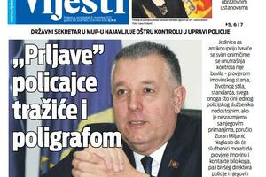 Naslovna strana "Vijesti" za ponedjeljak 8. novembar