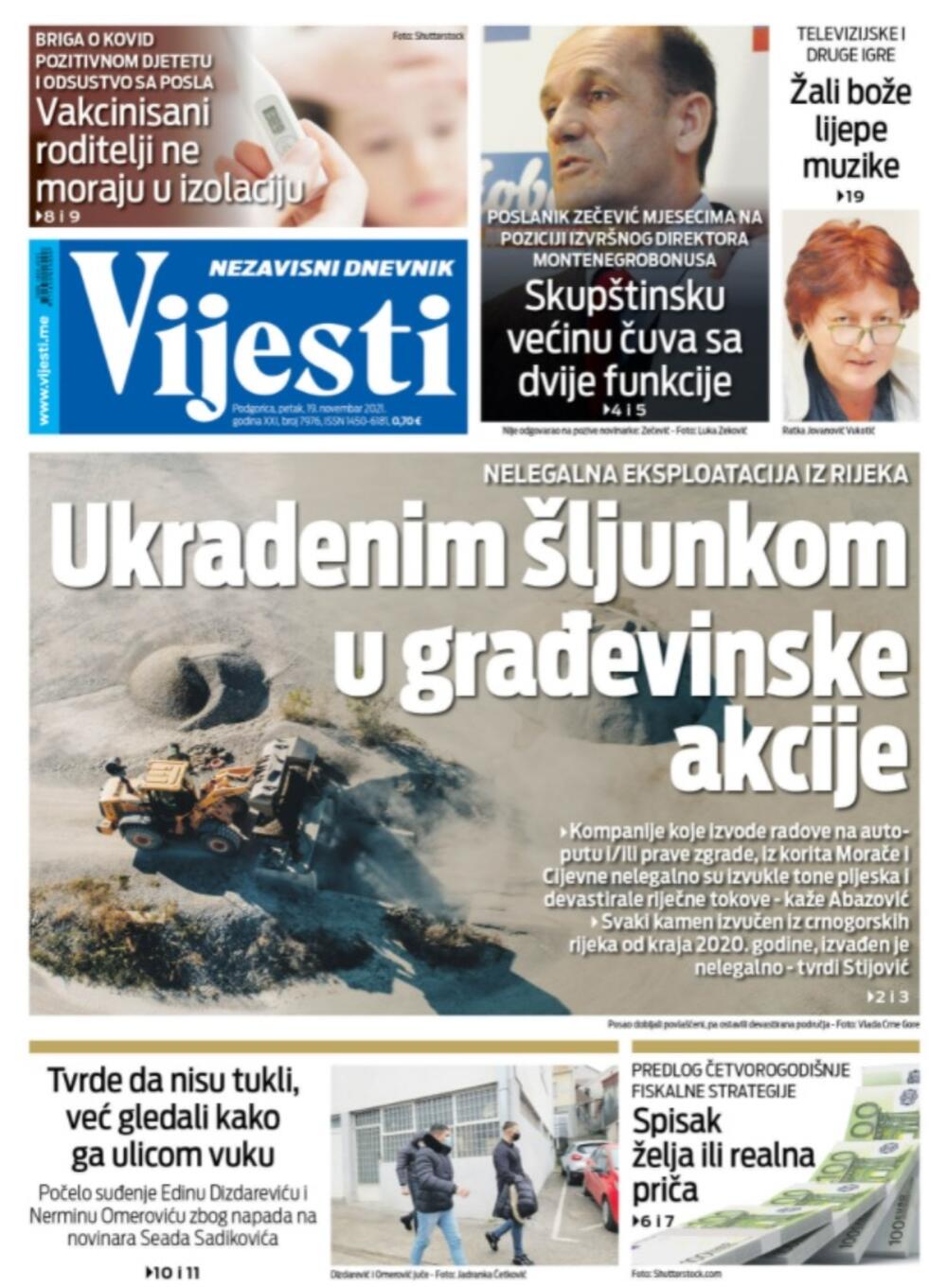 Naslovna strana "Vijesti" za 19.11.2021., Foto: Vijesti