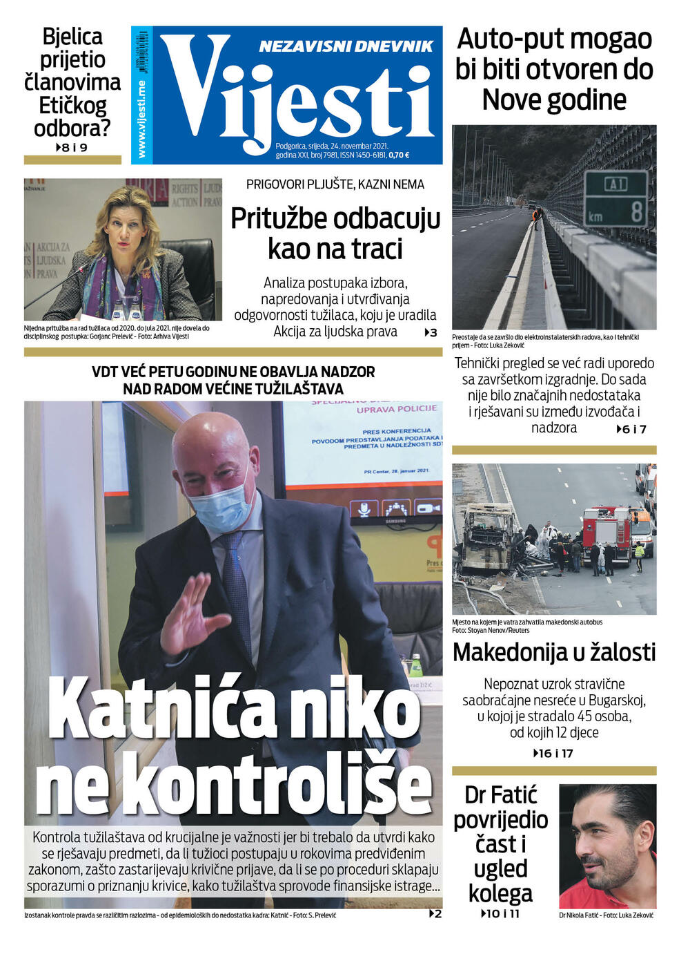 Naslovna strana "Vijesti" za 24.11.2021., Foto: Vijesti