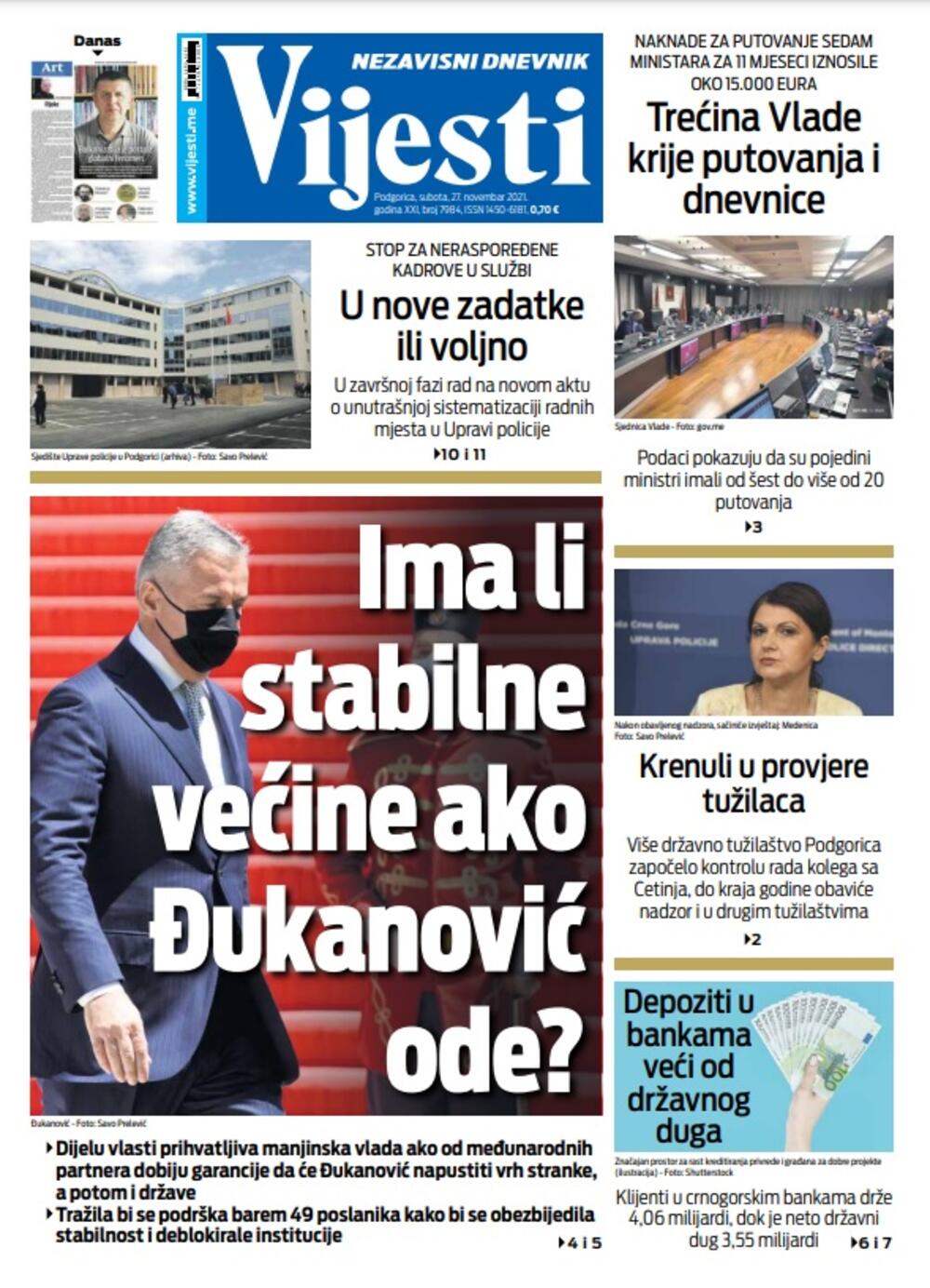 Naslovna strana "Vijesti" za 27. novembar, Foto: Vijesti