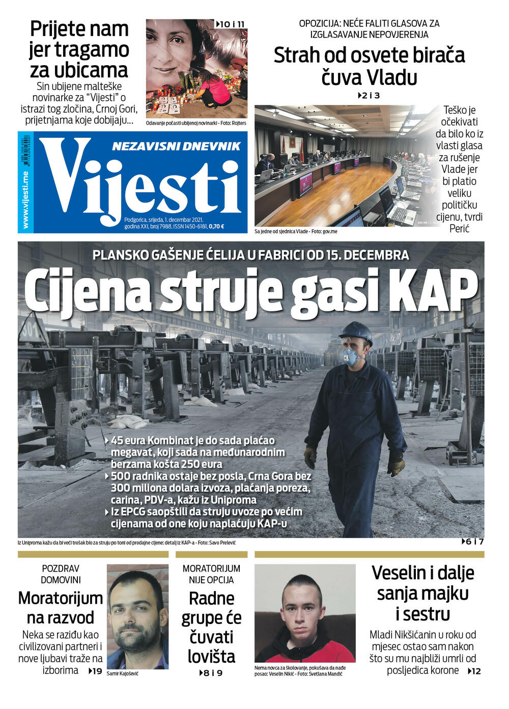 Naslovna strana "Vijesti" za 1.12.2021., Foto: Vijesti