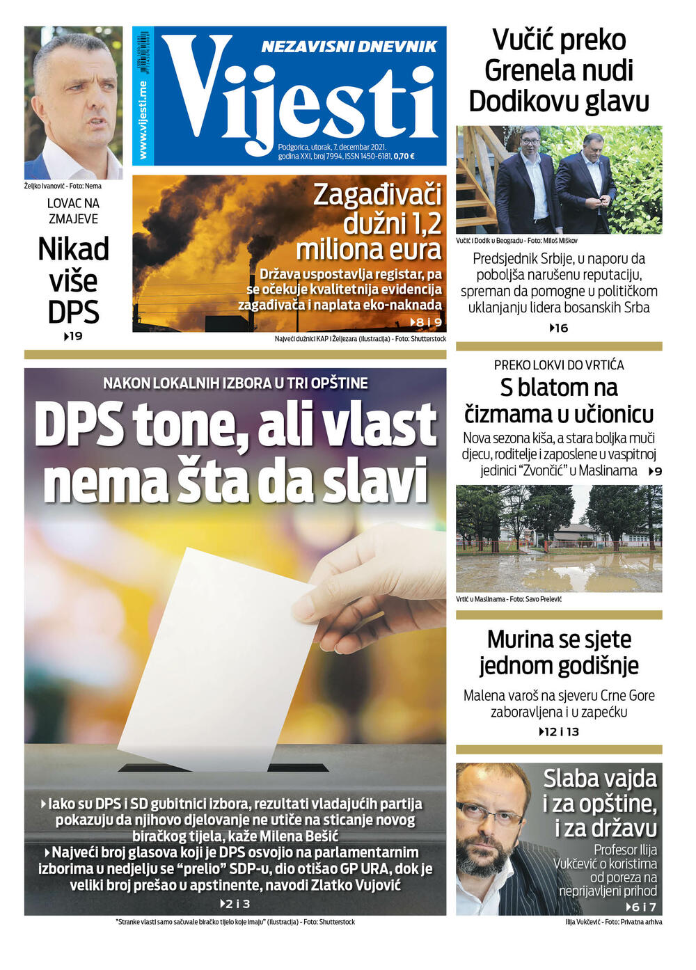 Naslovna strana "Vijesti" za 7. 12.2021., Foto: Vijesti
