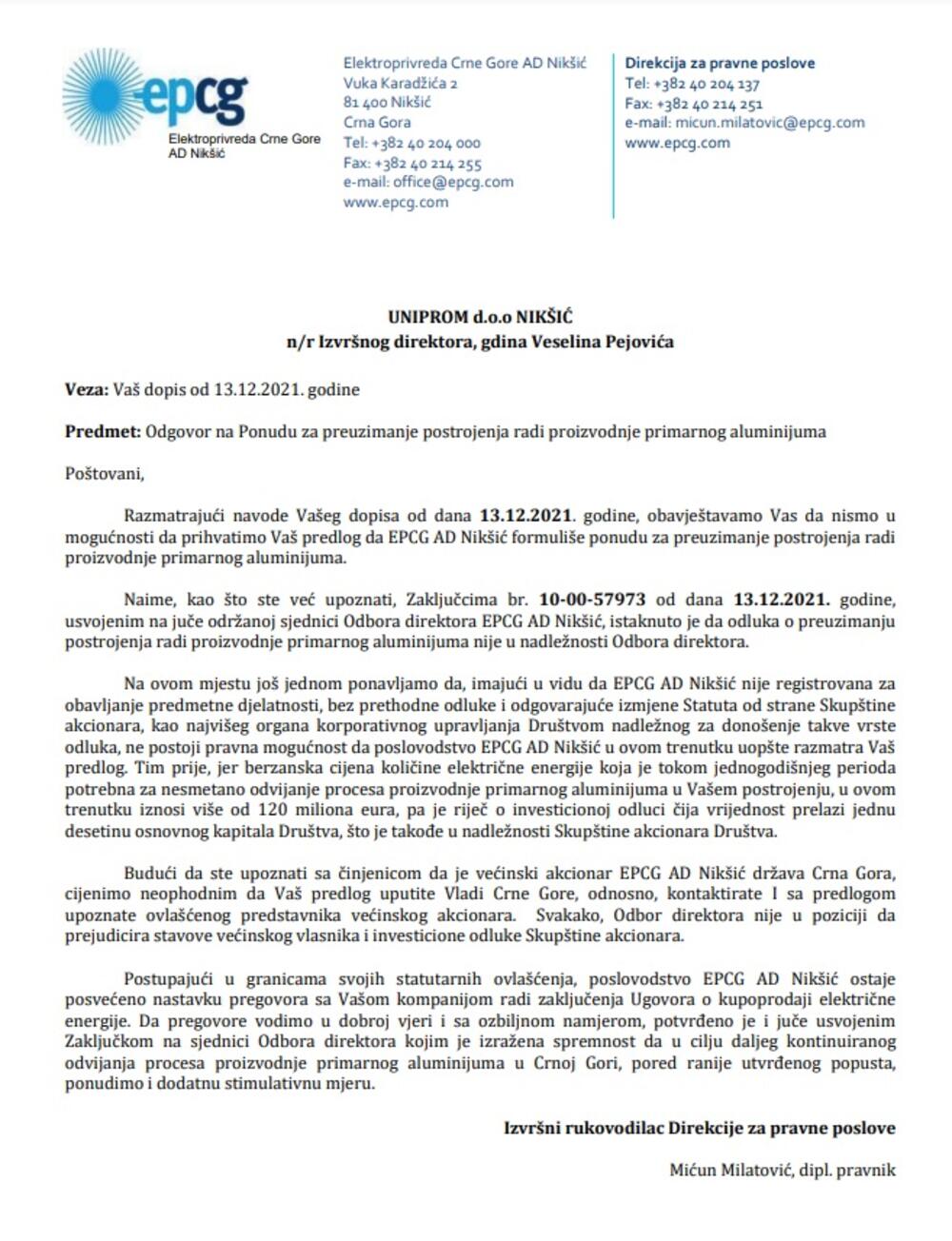 odgovor EPCG UNIPROM