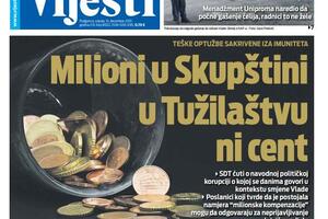 Naslovna strana "Vijesti" za srijedu 15. decembar