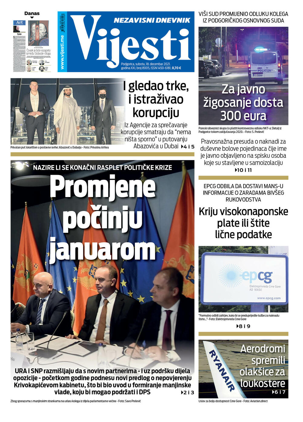 Naslovna strana "Vijesti" za 18.12.2021., Foto: Vijesti