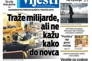 Naslovna strana "Vijesti" za utorak 21. decembar