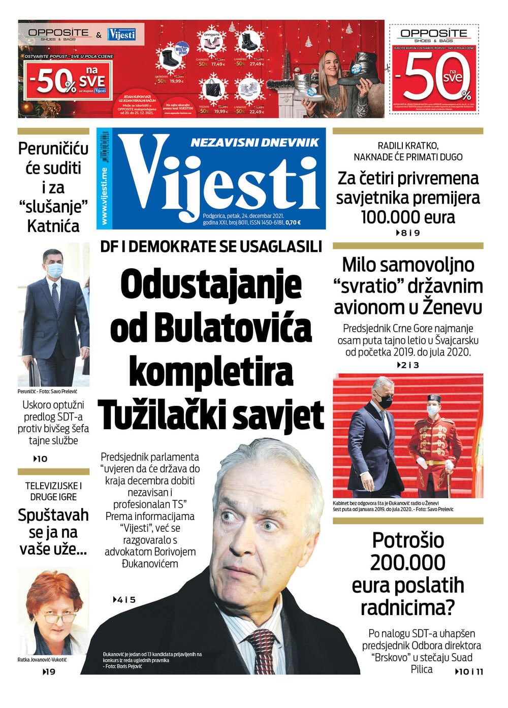 Naslovna strana "Vijesti" za 24.12.2021., Foto: Vijesti