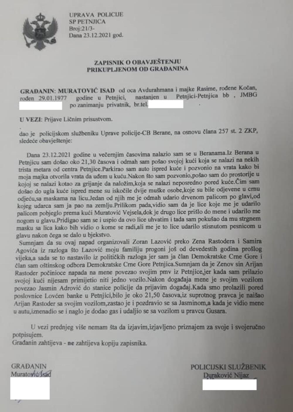Izjava Muratovića policiji koju su objavile Demokrate