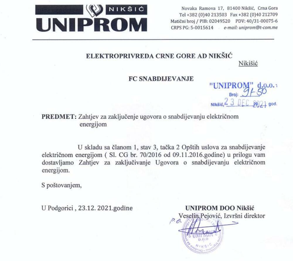 Uniprom dopis EPCG