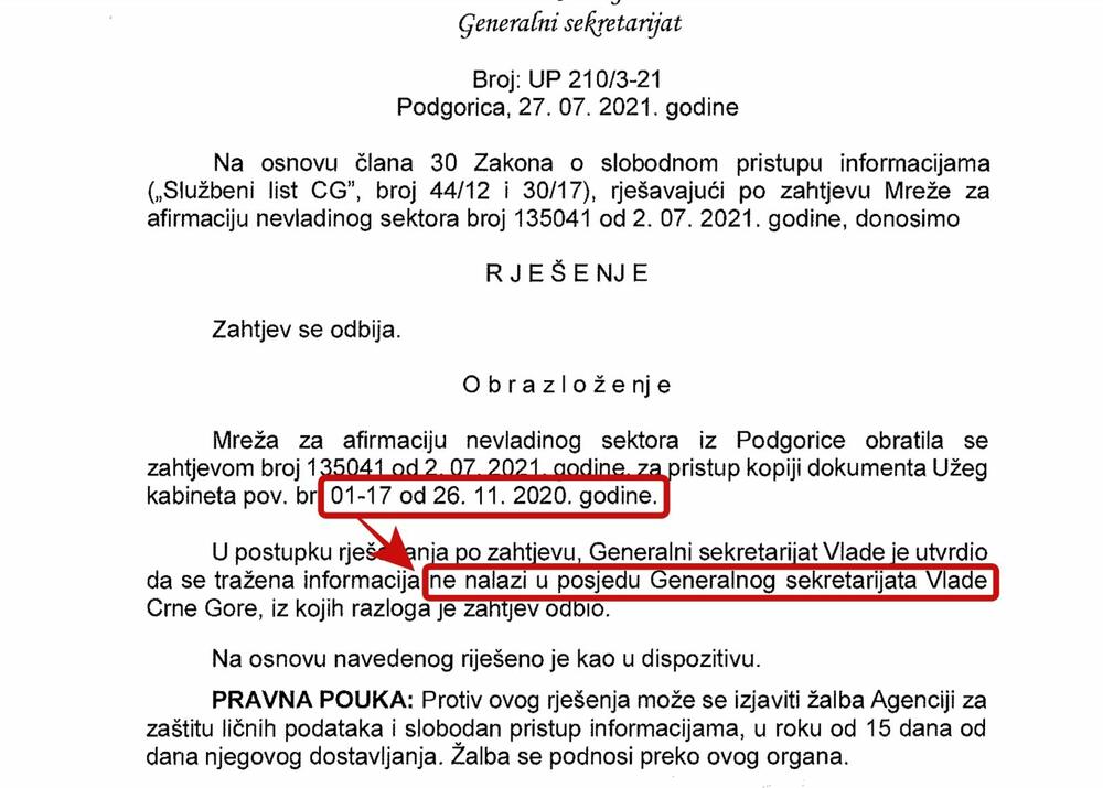 Decisions of the General Secretariat of the Krivokapić Government