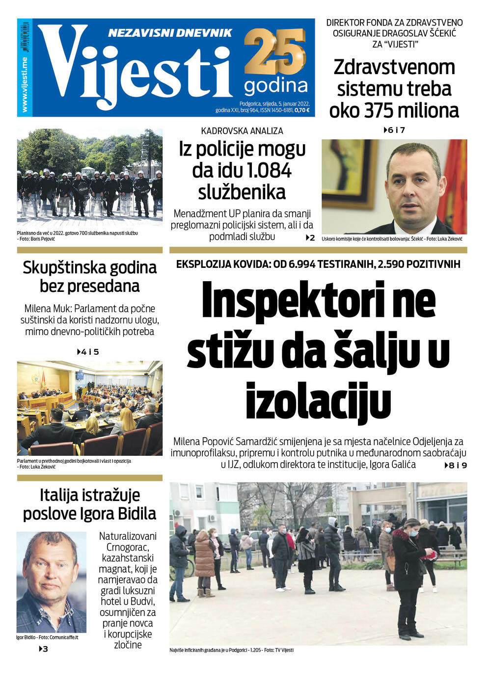 Naslovna strana "Vijesti" za 5.1.2022., Foto: Vijesti