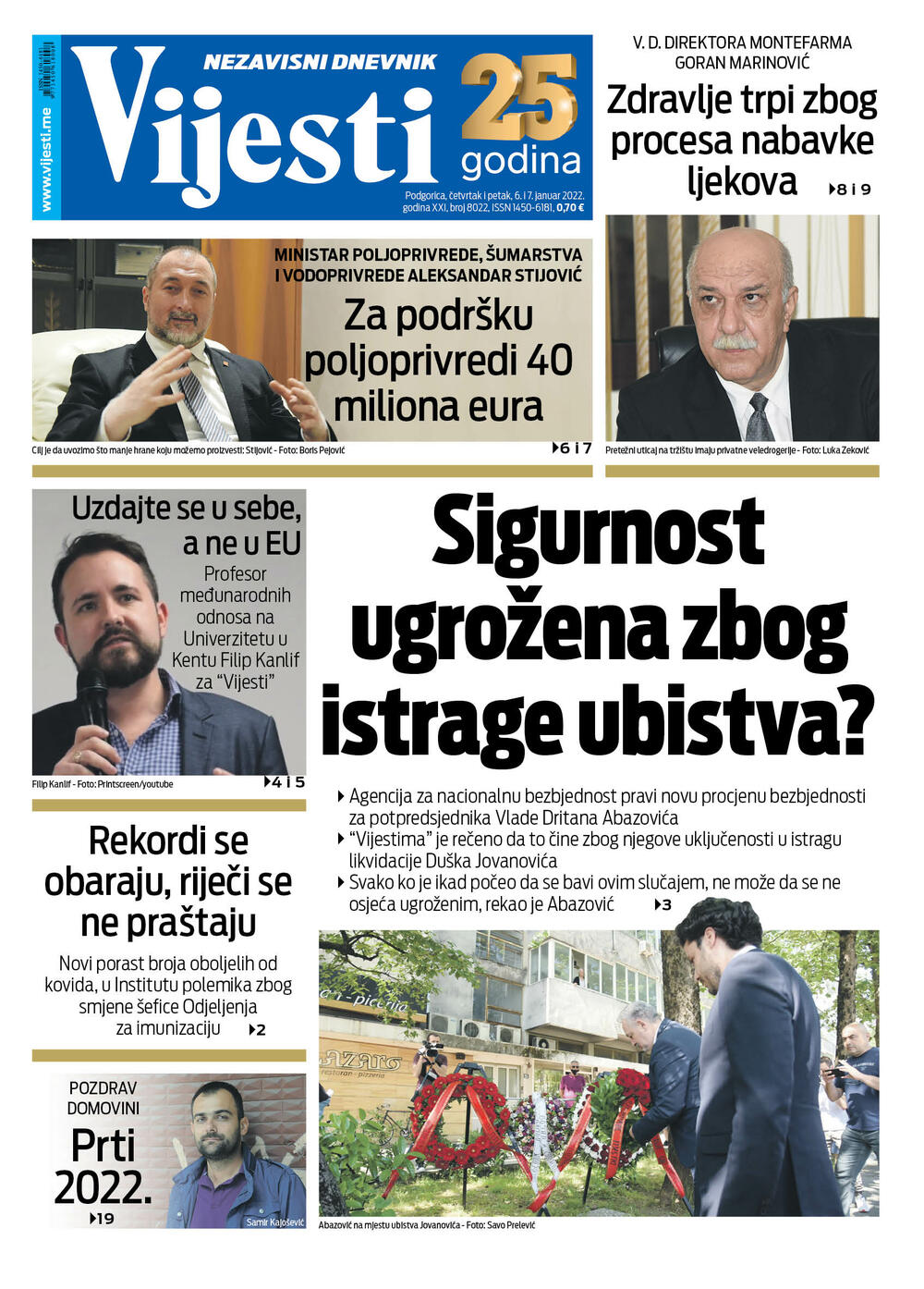 Naslovna strana "Vijesti" za 6. i 7. januar 2022., Foto: Vijesti