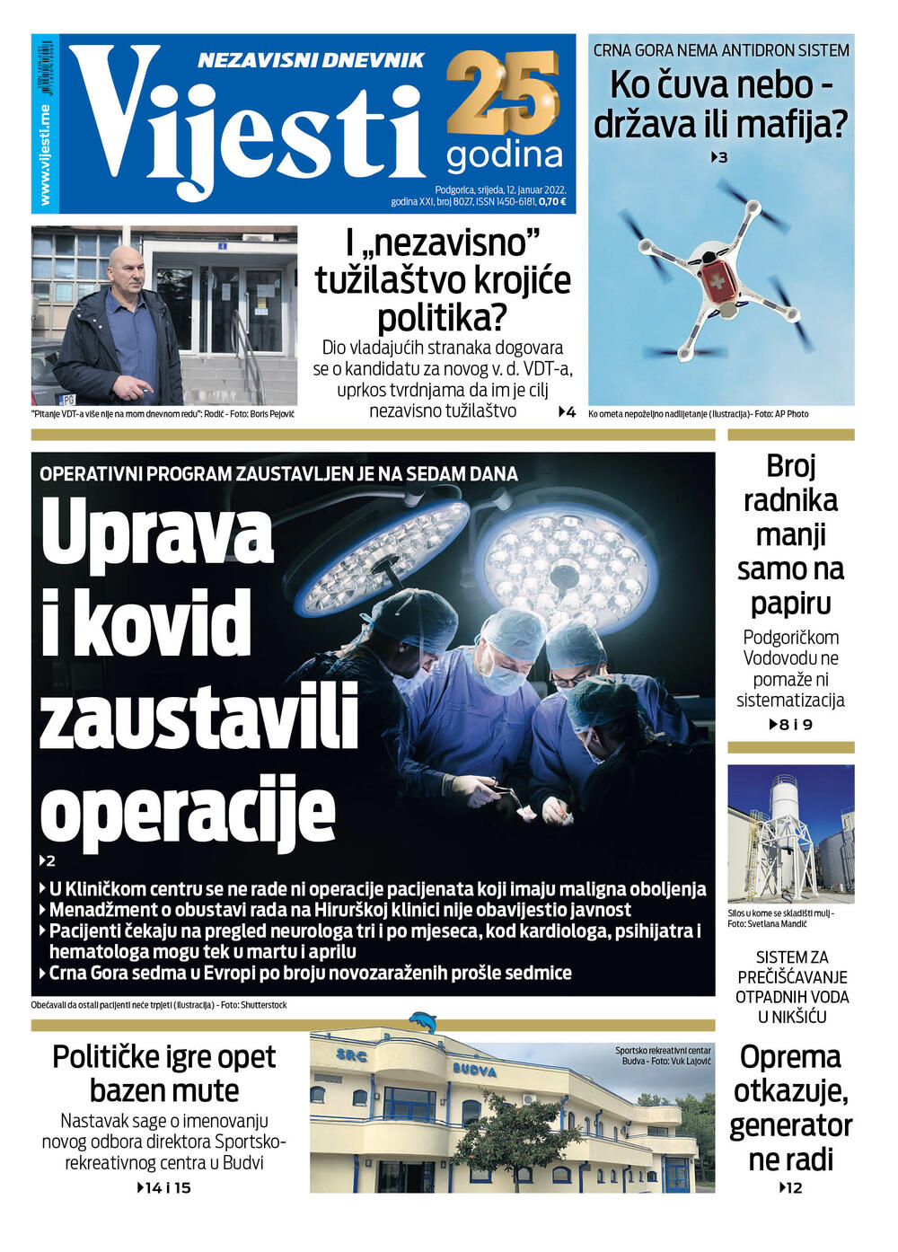 Naslovna strana "Vijesti" za 12.1.2022., Foto: Vijesti