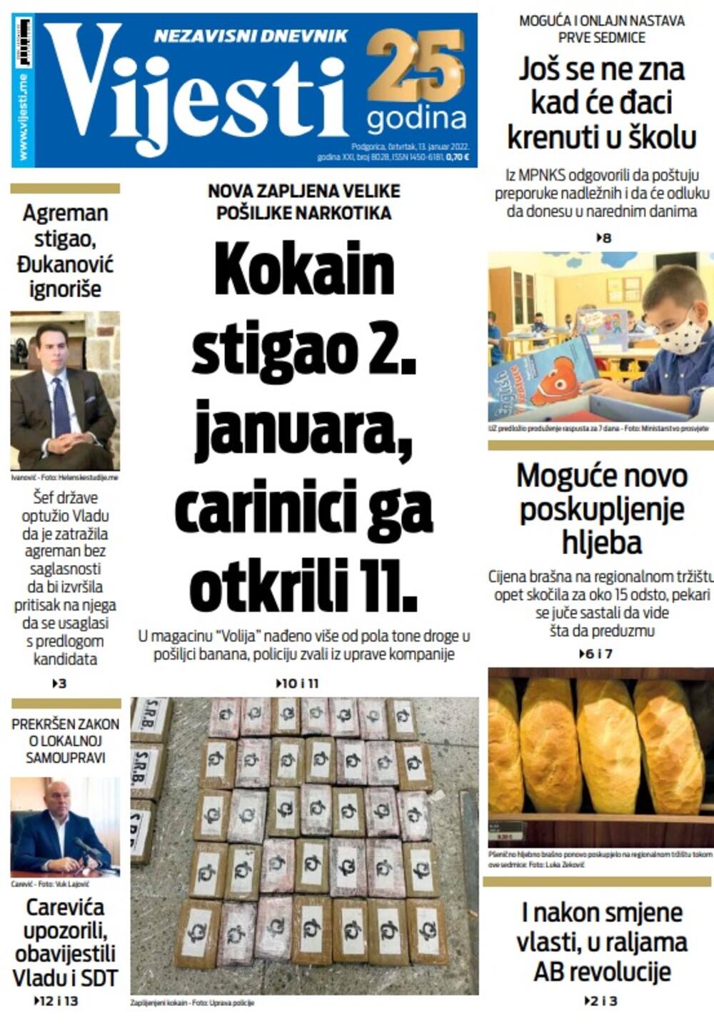 Naslovna strana "Vijesti" za četvrtak 13. januar 2022. godine, Foto: Vijesti