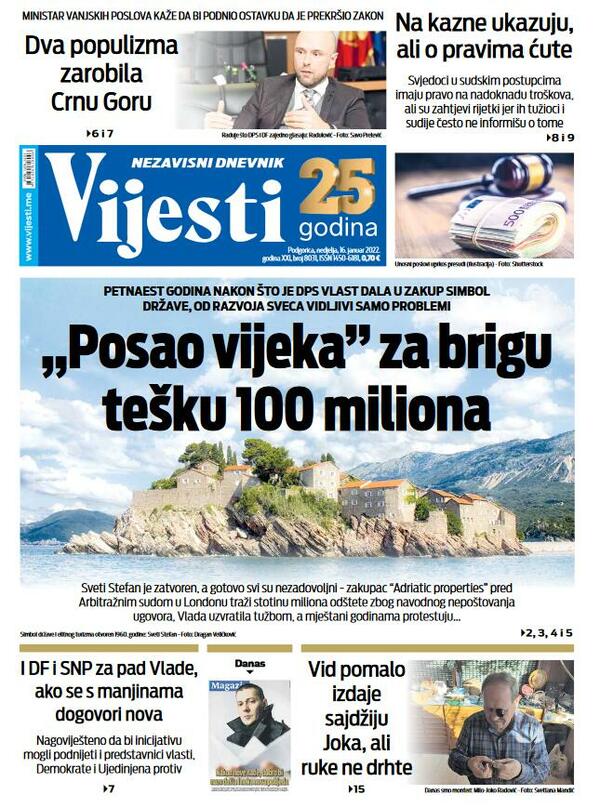 Naslovna strana "Vijesti" za 16. januar 2022.