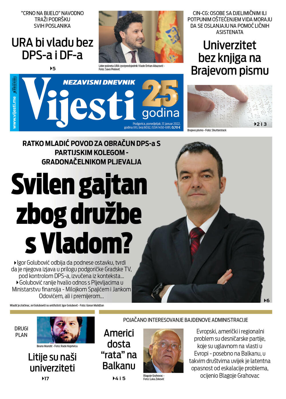 Naslovna strana "Vijesti" za 17.1.2022., Foto: Vijesti