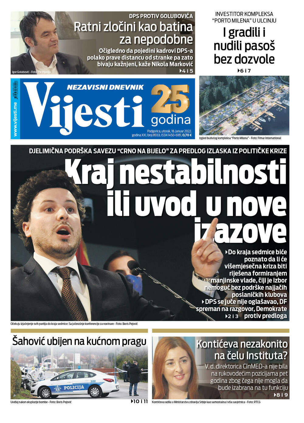Naslovna strana "Vijesti" za 18.12.2022., Foto: Vijesti