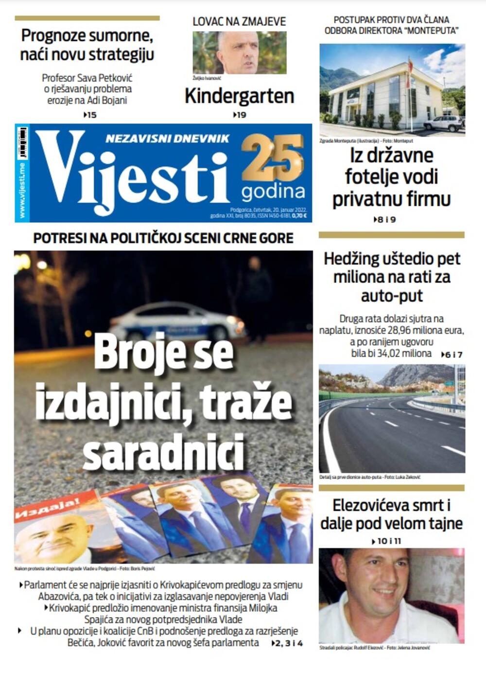 Naslovna strana Vijesti za 20. januar 2022.