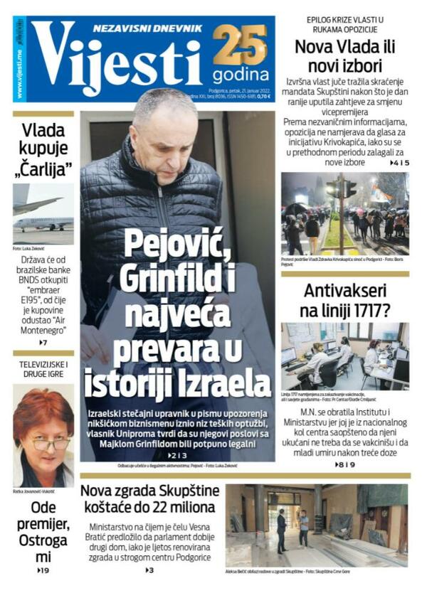 Naslovna strana "Vijesti" za 21. januar 2022.