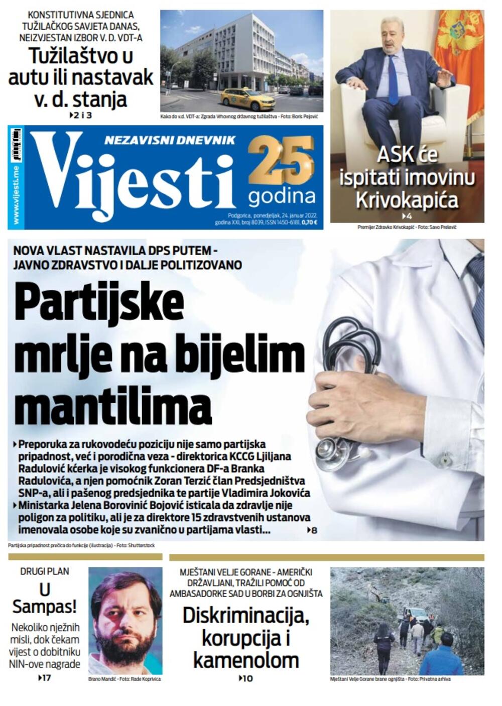 Naslovna strana "Vijesti" za ponedjeljak 24. januar 2022. godine., Foto: Vijesti