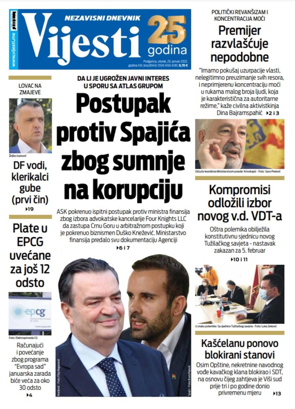 Naslovna strana "Vijesti" za. 25. januar 2022., Foto: Vijesti