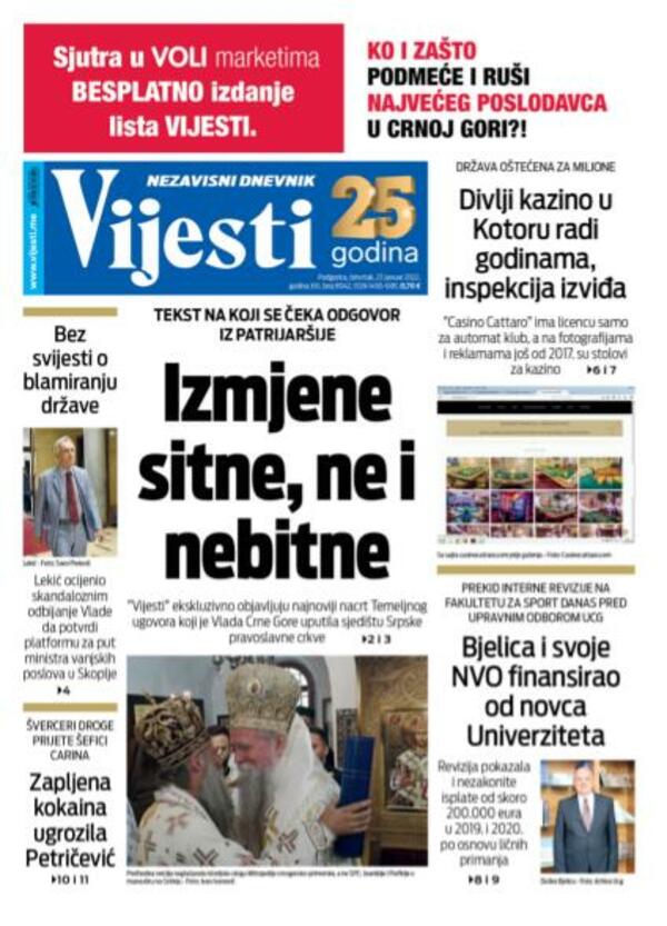 Naslovna strana "Vijesti" za 27. januar 2022.
