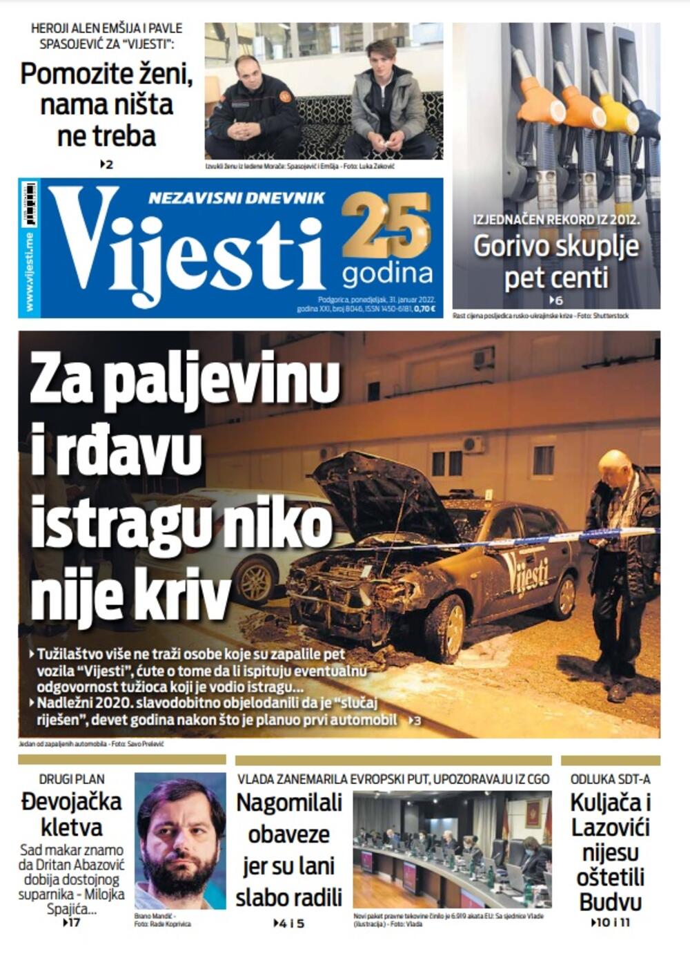 Naslovna strana "Vijesti" za 31. januar 2022., Foto: Vijesti