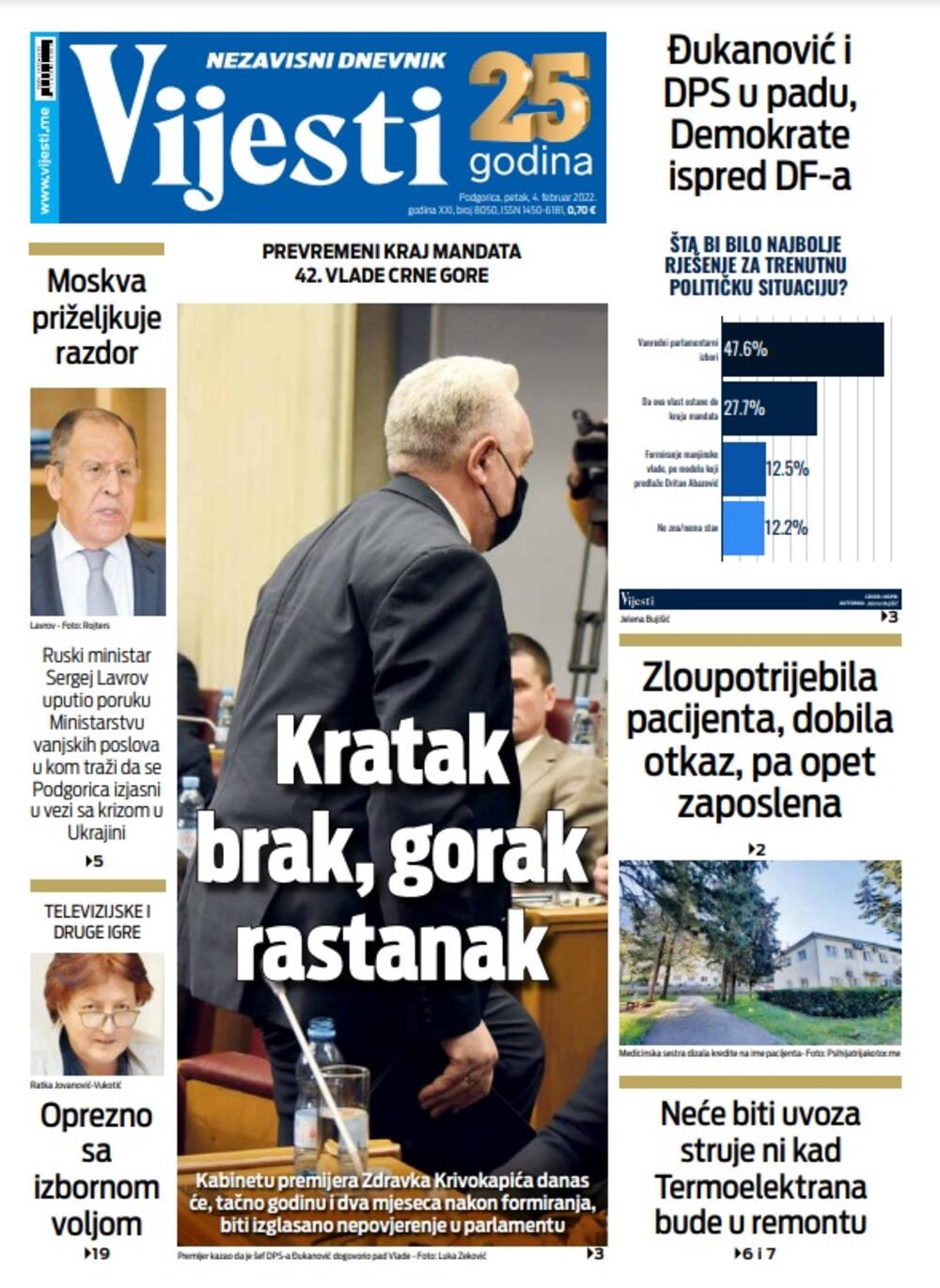Naslovna strana "Vijesti" za 4. februar 2022. godine, Foto: Vijesti