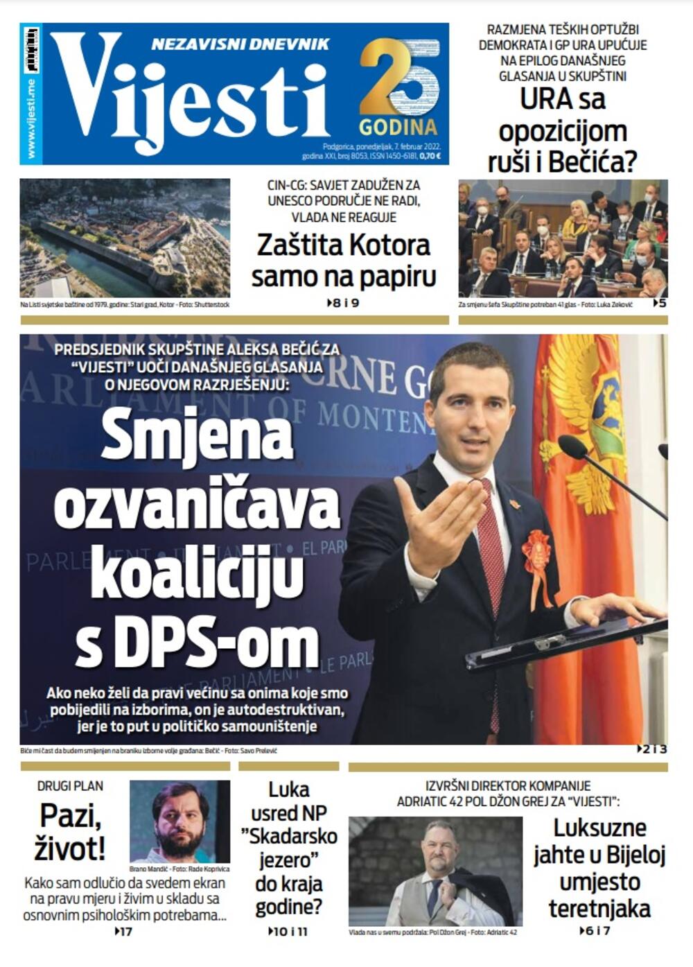 Naslovna strana "Vijesti" za 7. februar 2022. godine, Foto: Vijesti
