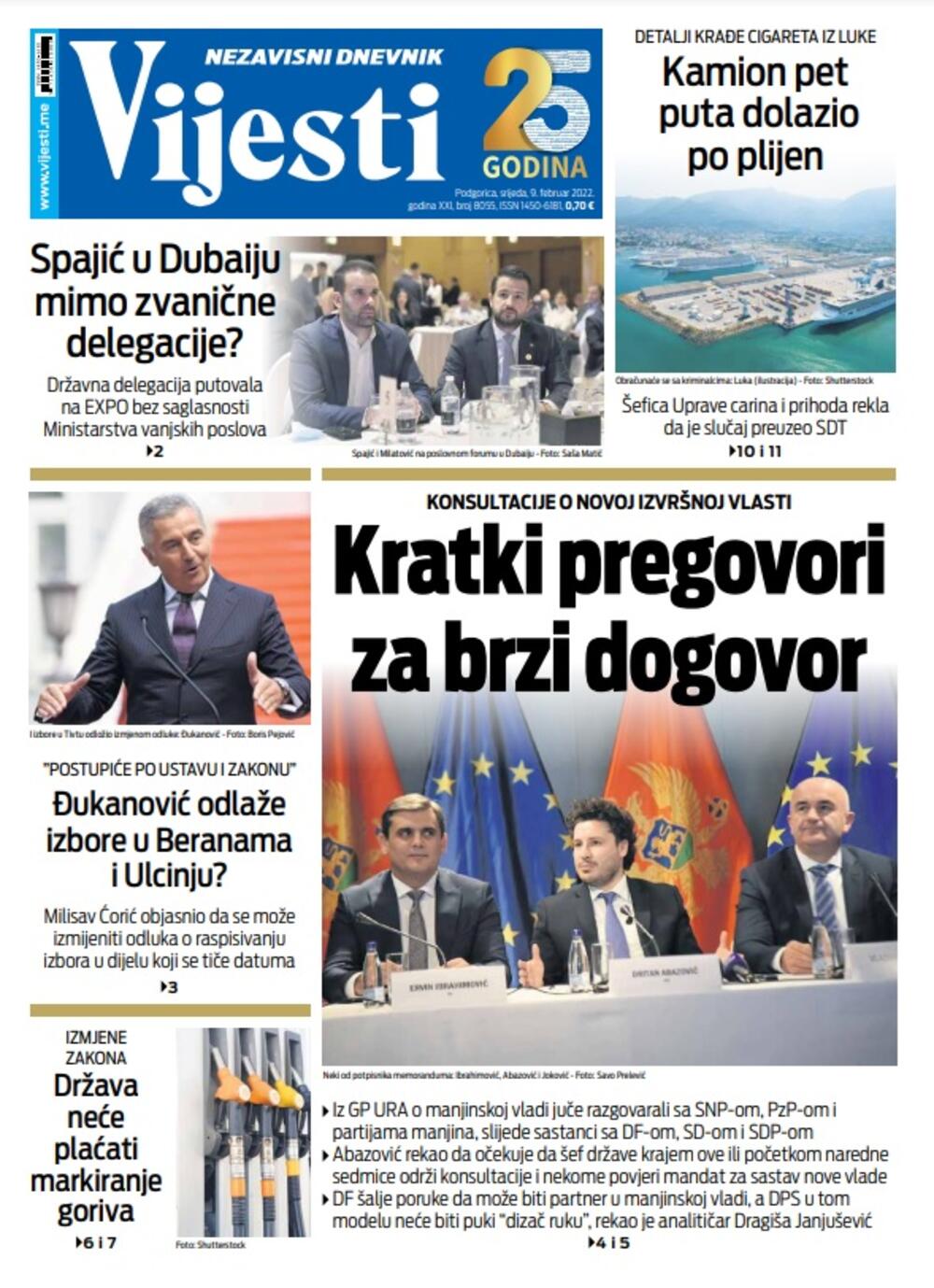 Naslovna strana "Vijesti" za 9. februar 2022., Foto: Vijesti