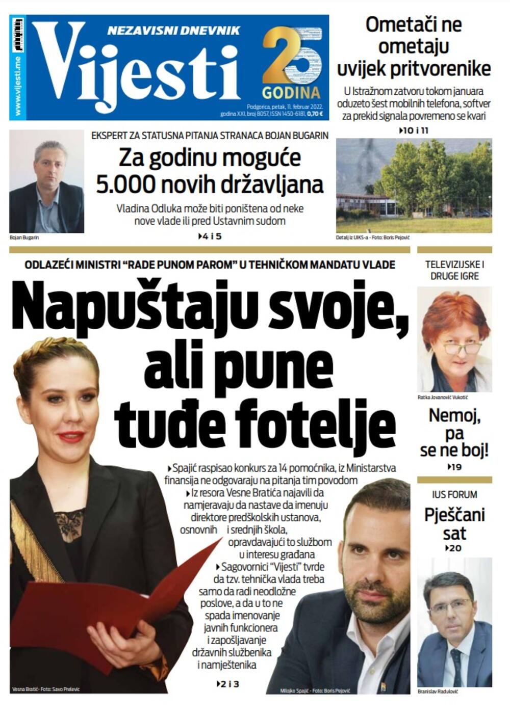 Naslovna strana "Vijesti" za 11.2.2022., Foto: Vijesti