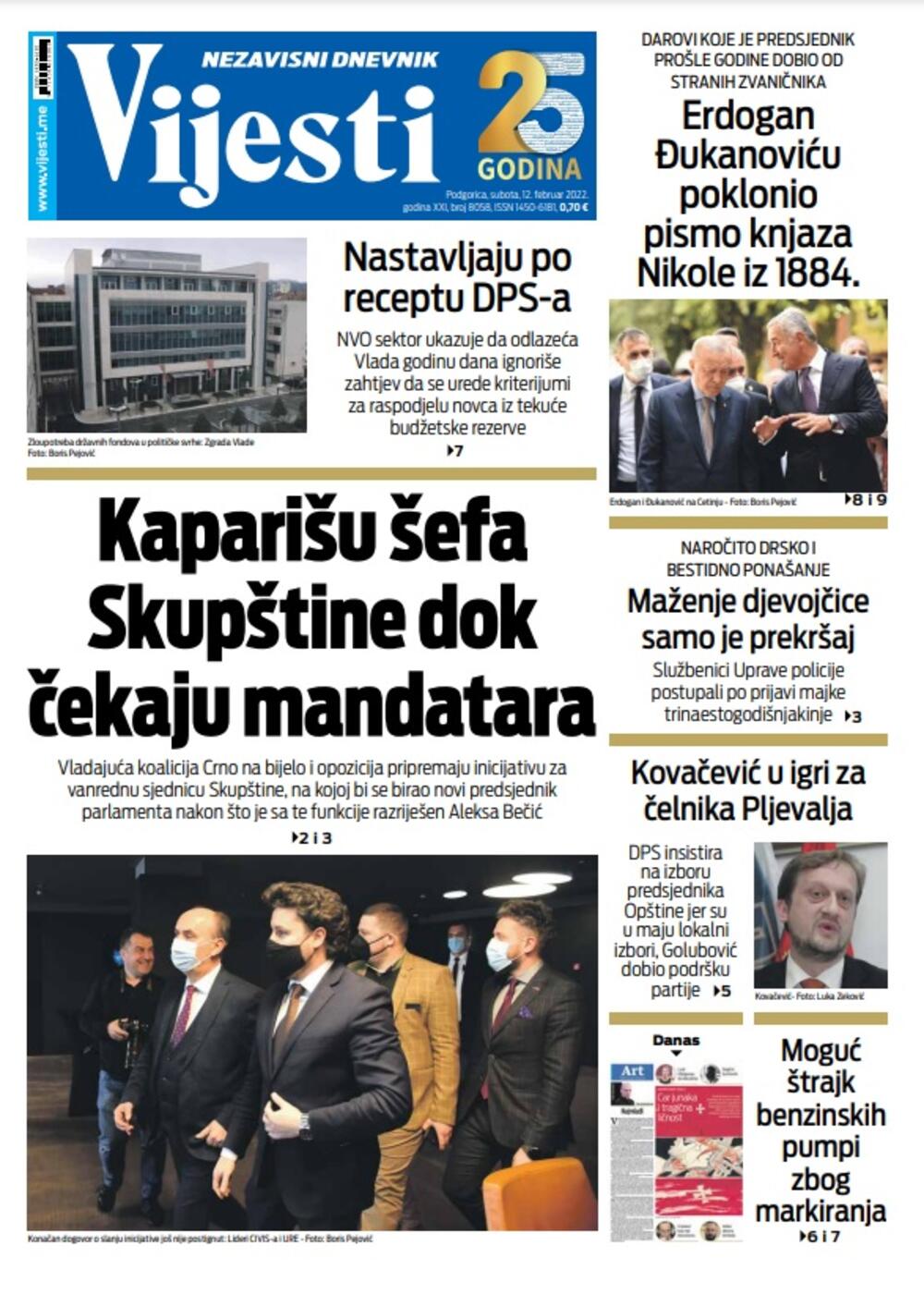 Naslovna strana "Vijesti" za 12. februar 2022., Foto: Vijesti