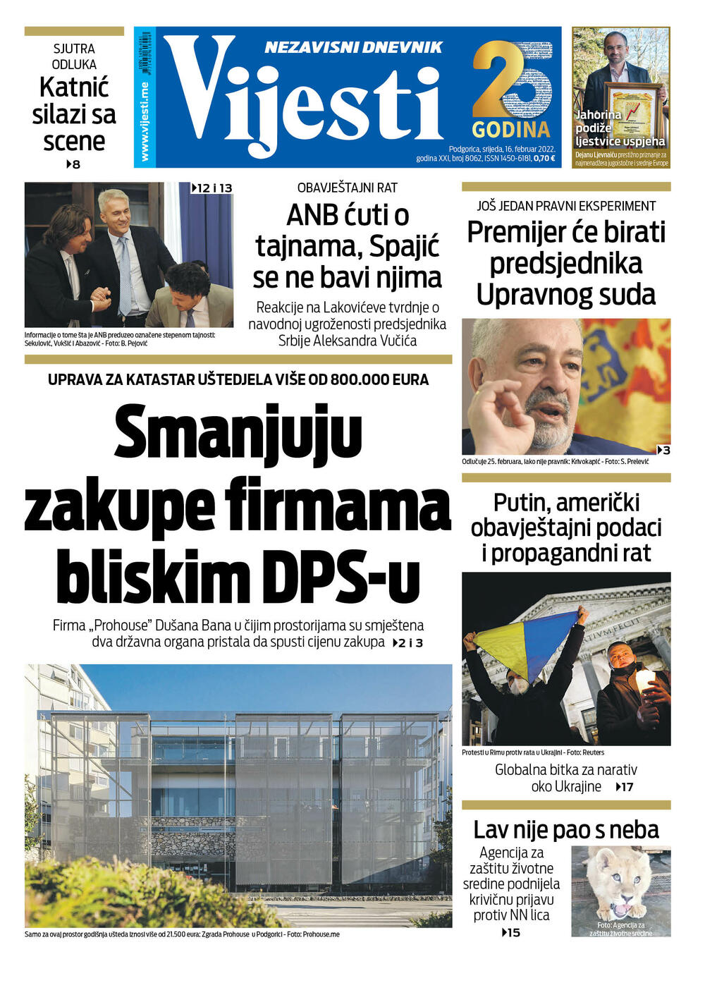 Naslovna strana 'Vijesti' za 16.2.2022. 