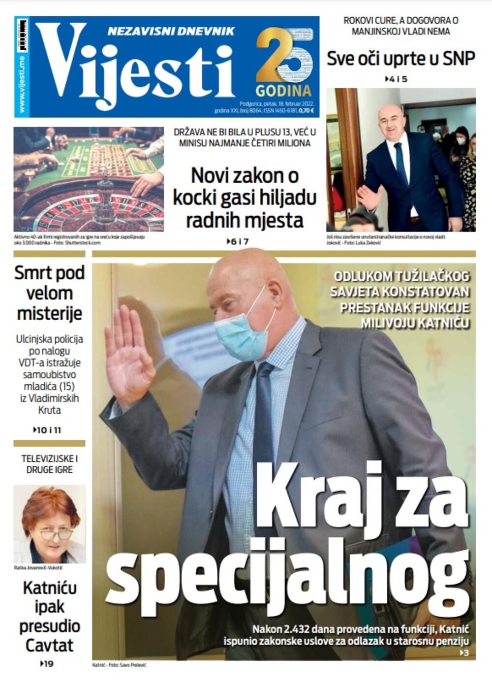 Naslovna strana "Vijesti" za 18. februar 2022., Foto: Vijesti