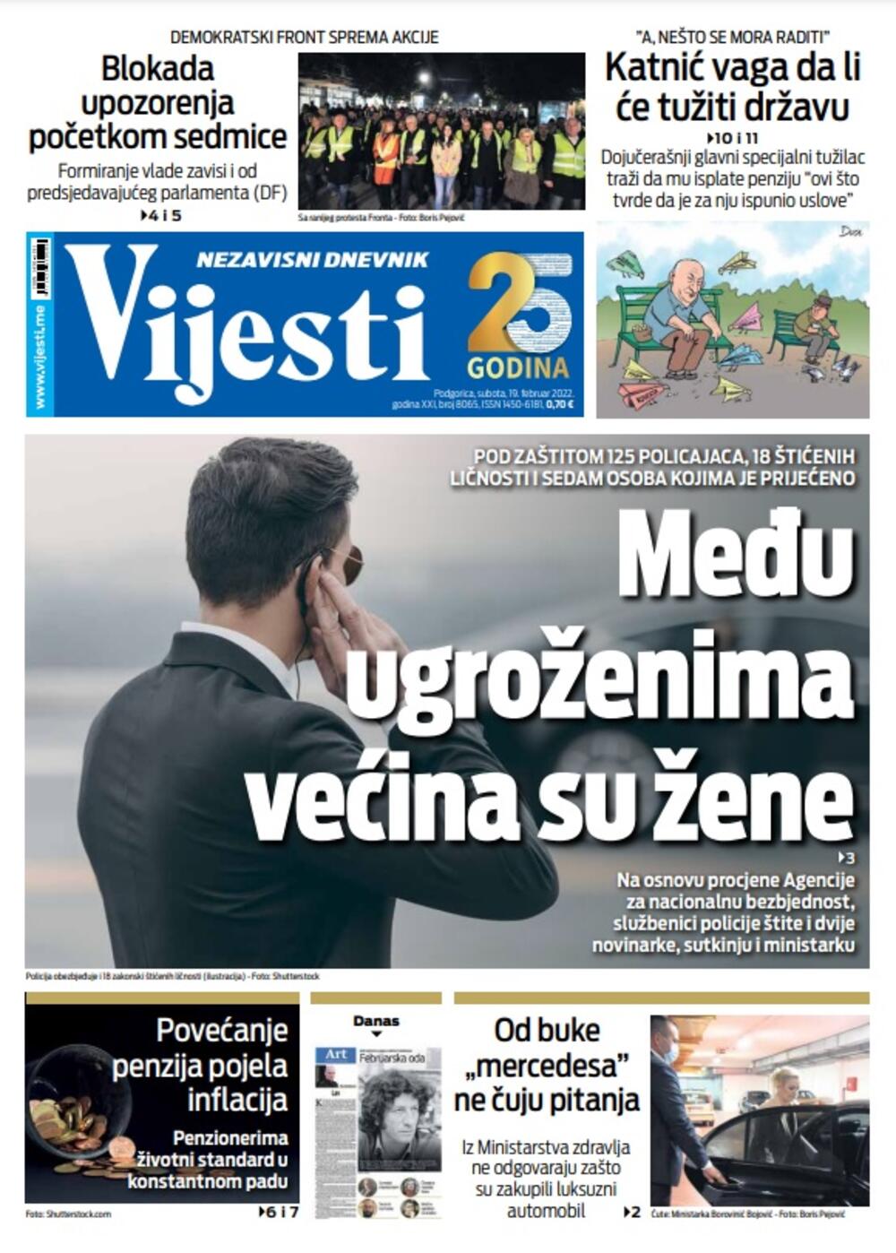 Naslovna strana "Vijesti" za 19. februar 2022., Foto: Vijesti