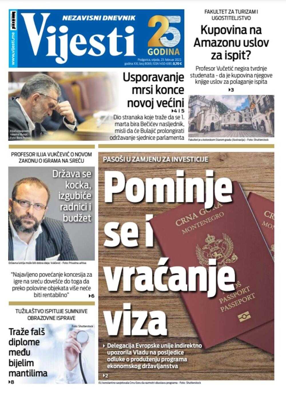Naslovna strana "Vijesti" za 23. februar 2022., Foto: Vijesti