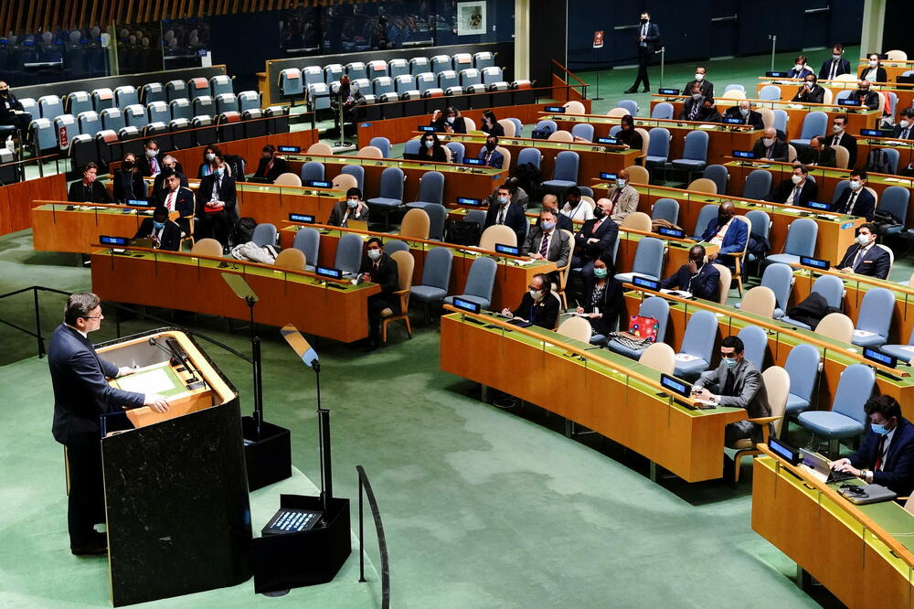 Kuleba tokom današnjeg govora u Ujedinjenim nacijama, Foto: Reuters